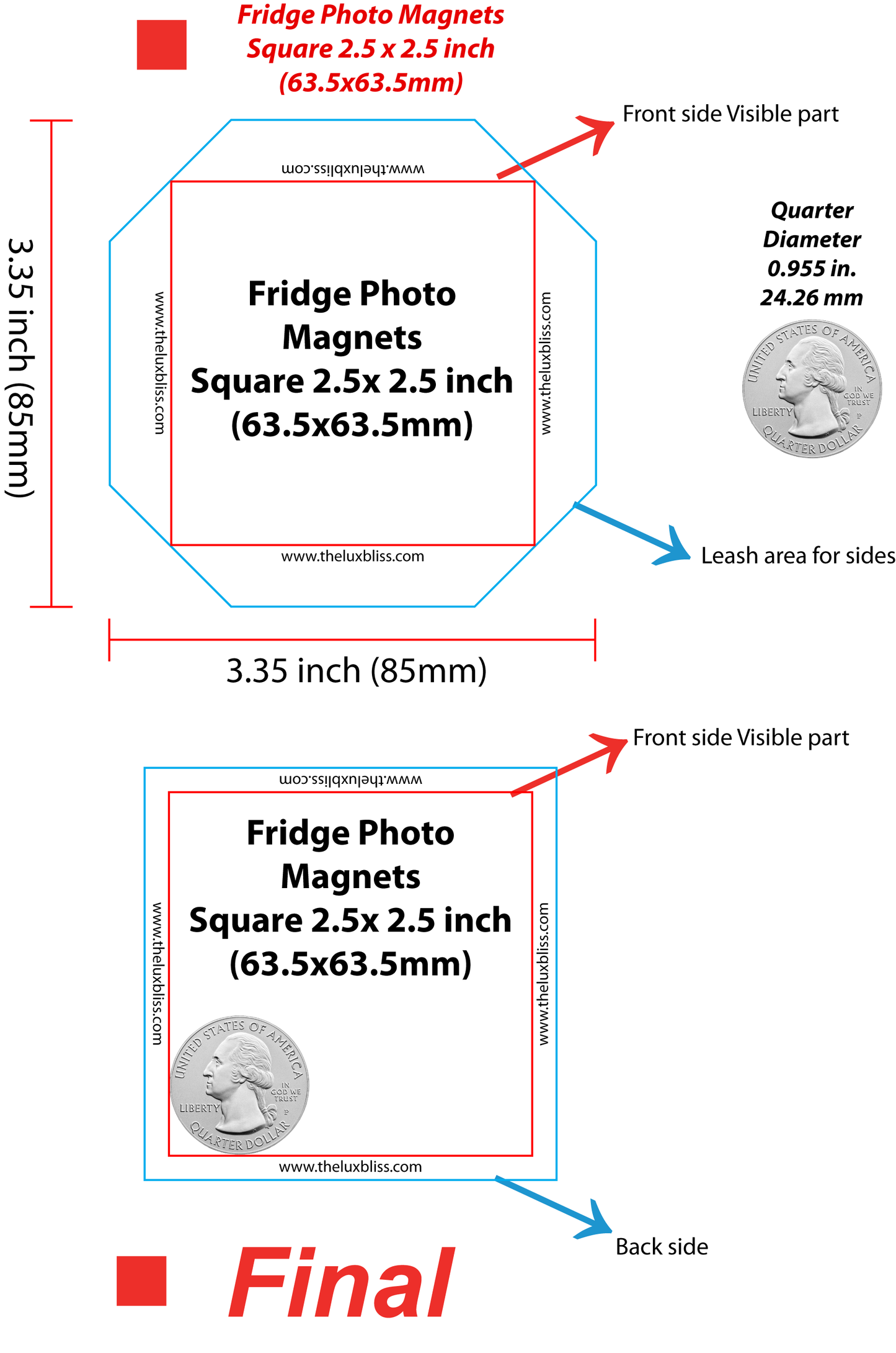 Square Custom Premium Hardcover Fridge Photo Magnets or Your Design | 2.5 x 2.5 inch (63.5x63.5mm)