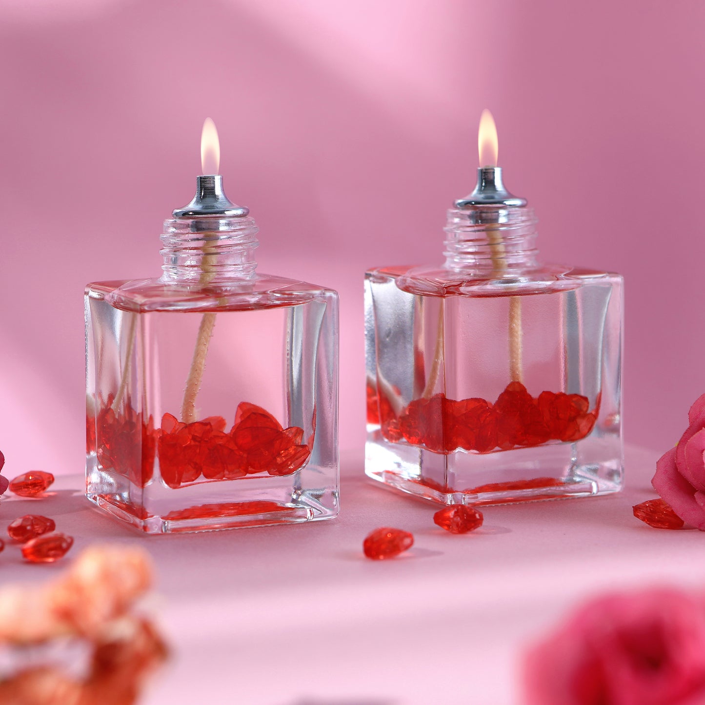 The Lux Bliss Valentine's Day Special Design Red Heart Square Decorative Oil Lamp Candle Set of 2 x 100 ml (2 x 3.38 Ounce)