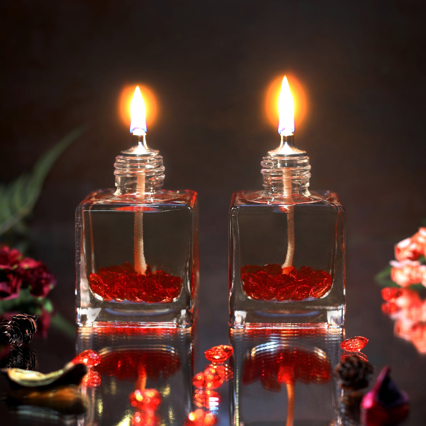 The Lux Bliss Valentine's Day Special Design Red Heart Square Decorative Oil Lamp Candle Set of 2 x 100 ml (2 x 3.38 Ounce)